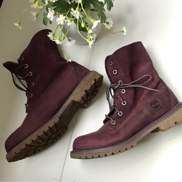TIMBERLAND Women's Waterproof Burgundy Suede Leather Lace Up Moto Boots Size 8M - Picture 1 of 11